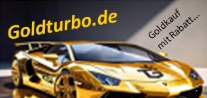 Goldfarbener "Lambo" mit Werbung für Goldturbo.de und Rabattangebot.
