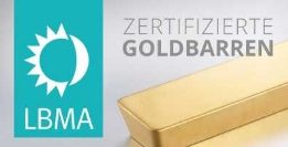 Zertifizierte Goldbarren mit dem LBMA-Logo auf einem goldenen Hintergrund.